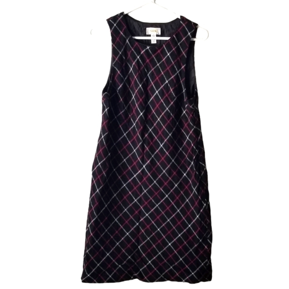 Talbots Plaid 100% Wool Sleeveless Shift Dress Size 10P Red/Black/White